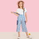Shein Girls Pocket Side Floral & Striped Pants With Strap