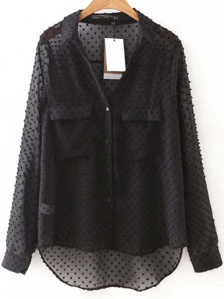 Shein Dots Mesh Chest Pockets Dip Hem Blouse