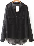Shein Dots Mesh Chest Pockets Dip Hem Blouse