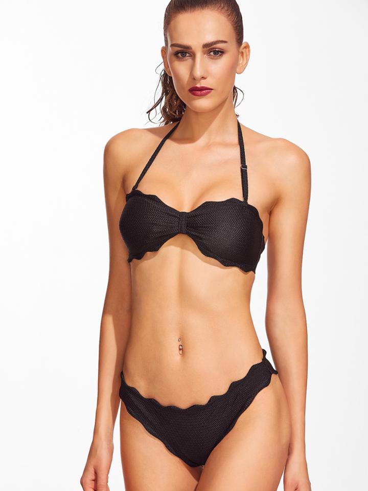 Shein Black Scalloped Trim Halter Sexy Bikini Set