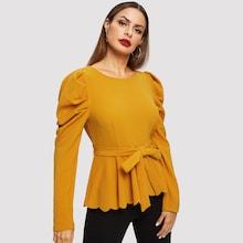 Shein Gather Sleeve Tie Waist Scallop Edge Top