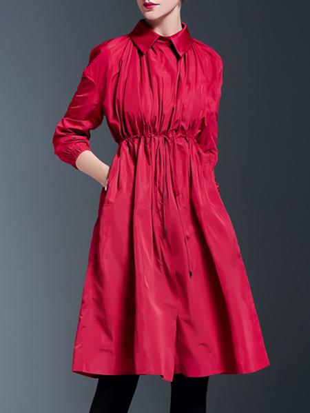 Shein Red Lapel Drawstring Pockets Coat