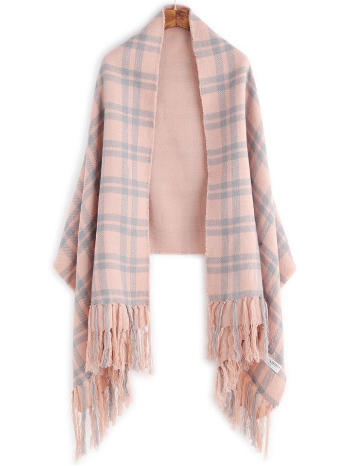 Shein Pink Plaid Layered Fringe Warm Shawl Scarf