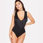 Shein Fringe Detail Deep V Neck Bodysuit