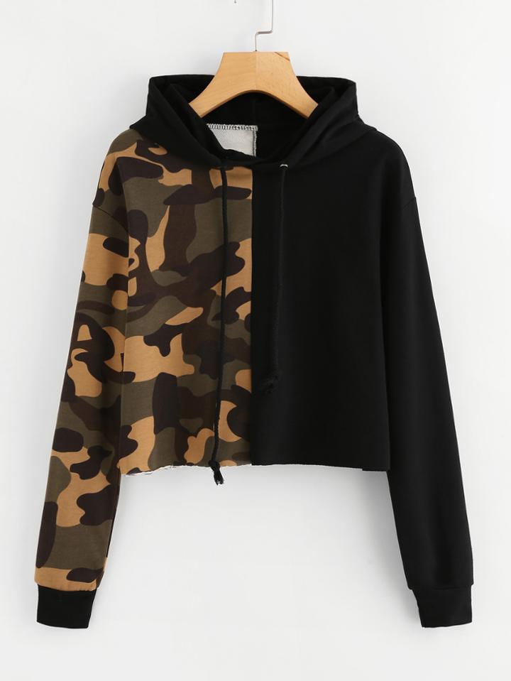 Shein Contrast Camo Raw Hem Crop Hoodie