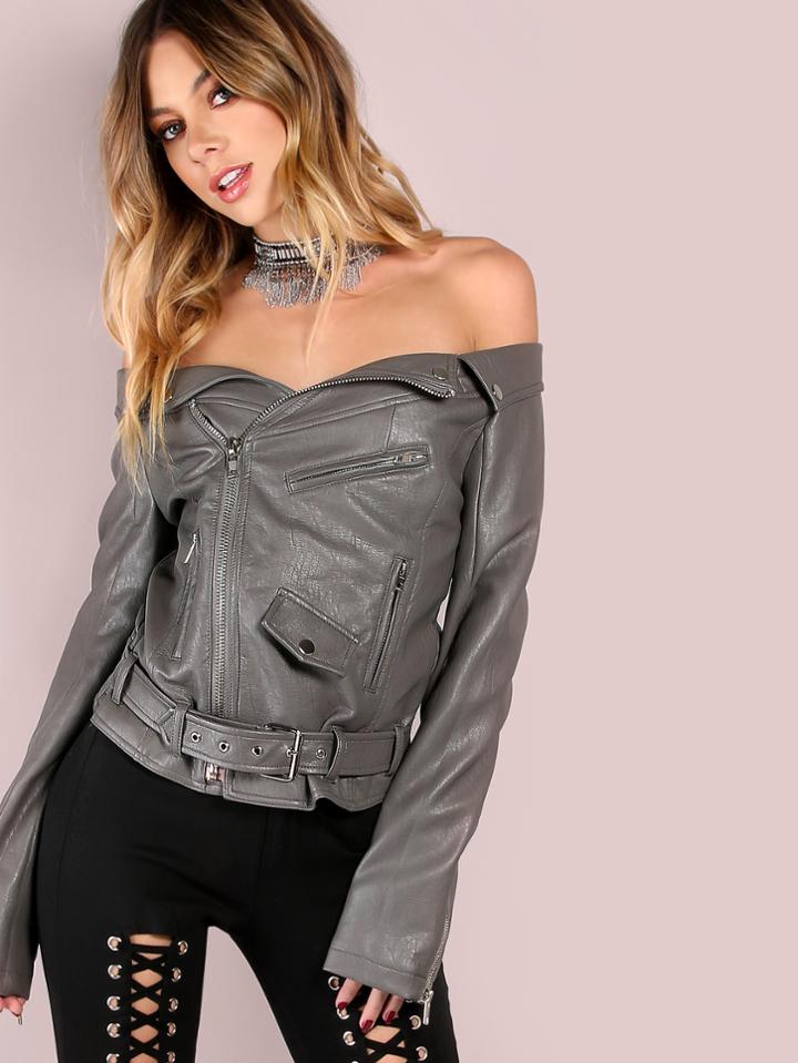Shein Purple Faux Leather Off The Shoulder Belted Hem Biker Jacket