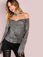 Shein Purple Faux Leather Off The Shoulder Belted Hem Biker Jacket