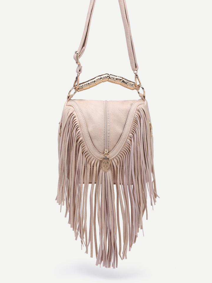 Shein Beige Zip Embellished Fringe Trim Flap Bag