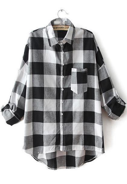 Shein Black White Lapel Plaid Pocket Blouse