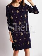 Shein Navy Crew Neck Side Slit Star Sweater Dress