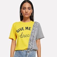 Shein Checked Panel Ruffle Trim Tee