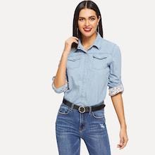 Shein Roll-up Sleeve Curved Hem Denim Shirt