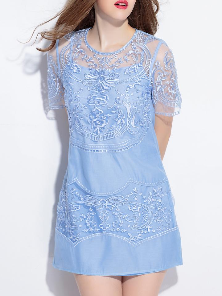 Shein Blue Sheer Gauze Embroidered Shift Dress
