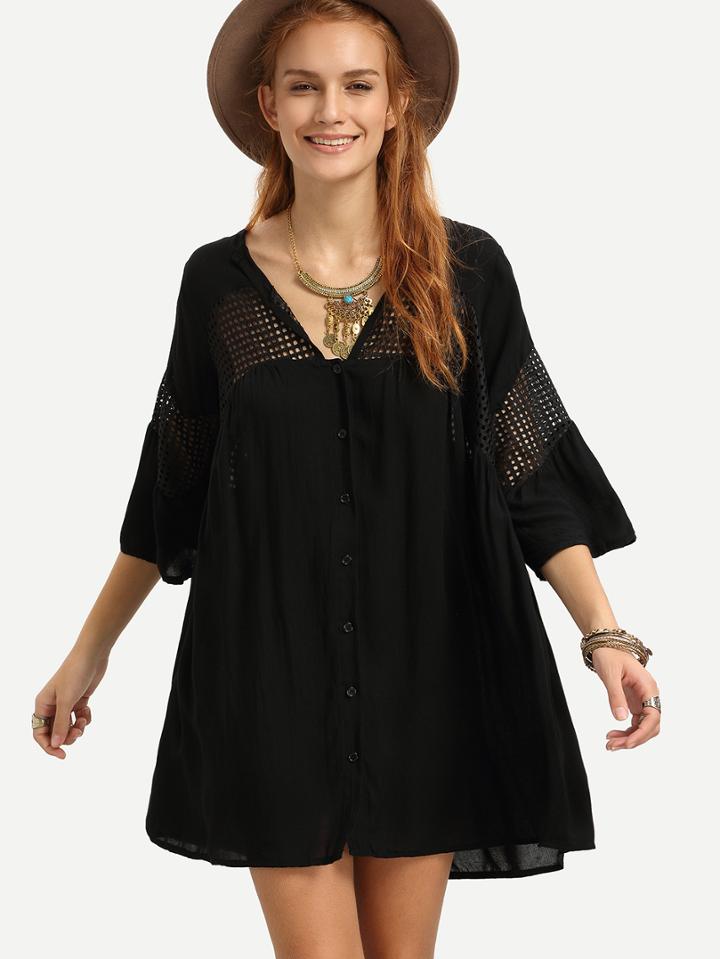 Shein Black Hollow Out Bell Sleeve Beach Dress