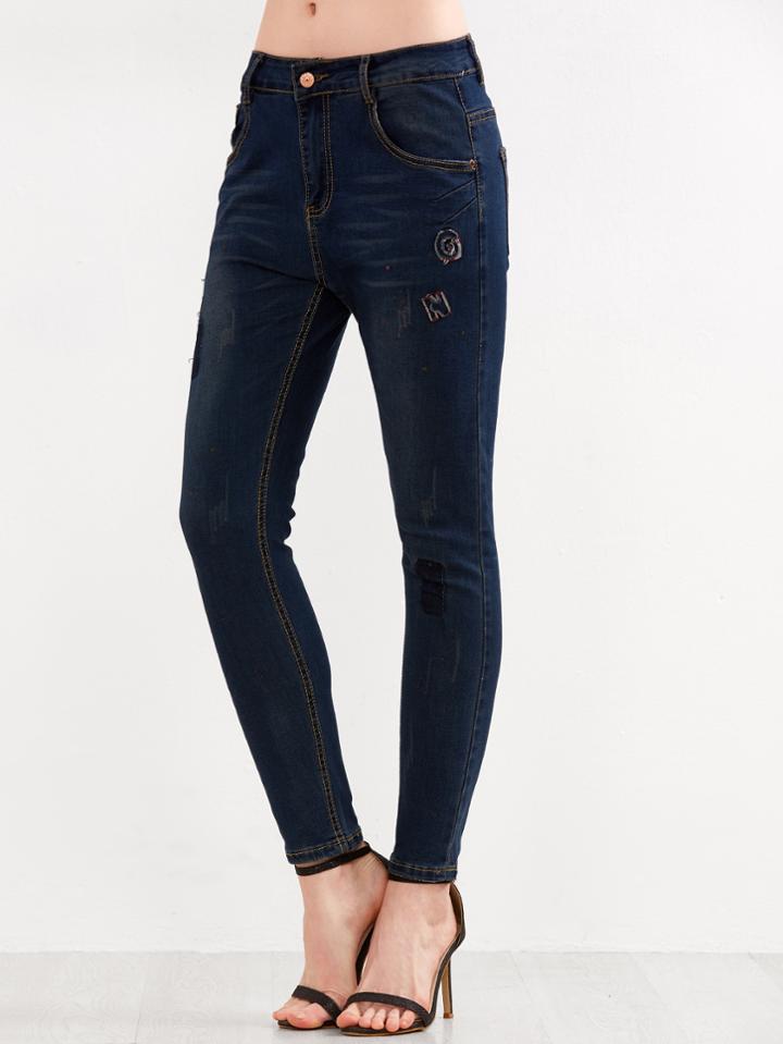 Shein Dark Blue Patches Jeans