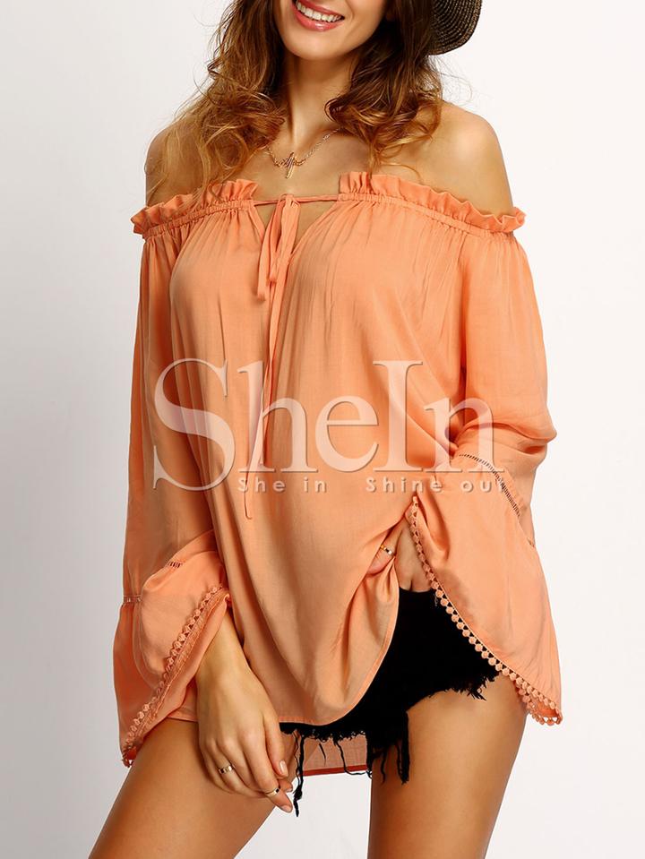 Shein Orange Off The Shoulder Hollow Insert Pompom Blouse