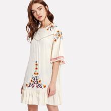 Shein Ruffle Hem Flower Embroidered Dress