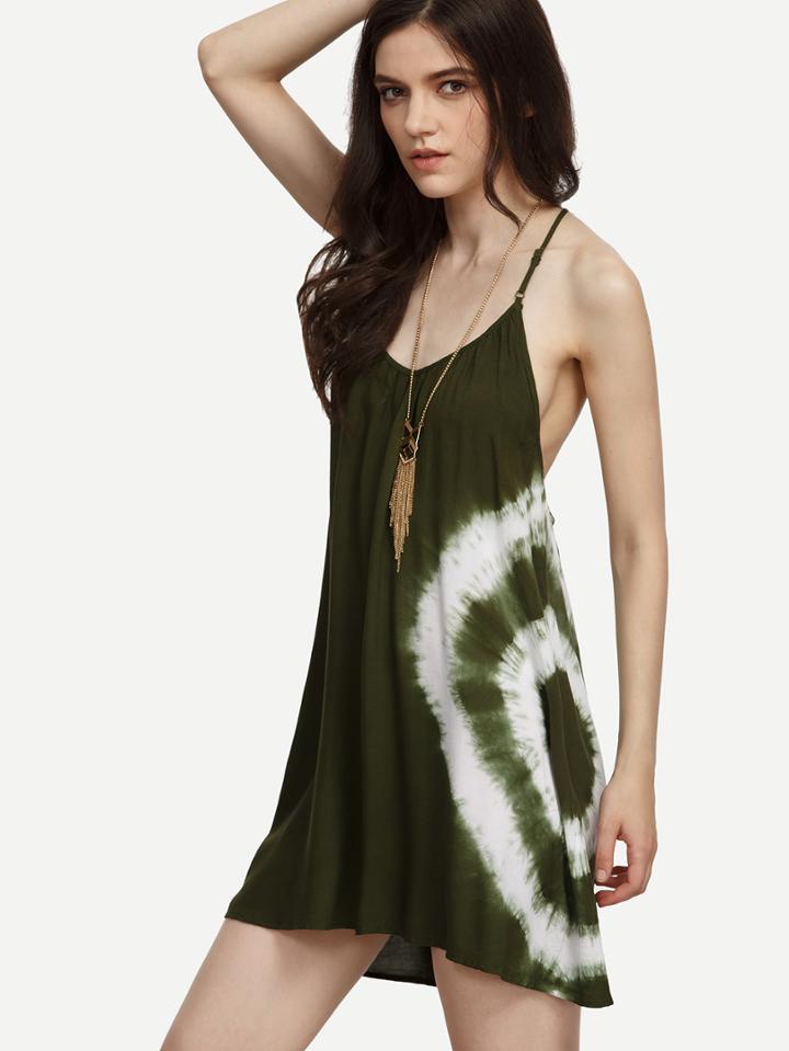 Shein Olive Green Tie Dye Print Crochet Racerback Dress