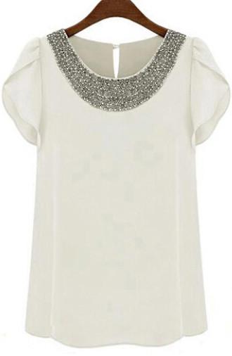 Shein White Round Neck With Bead Chiffon Blouse