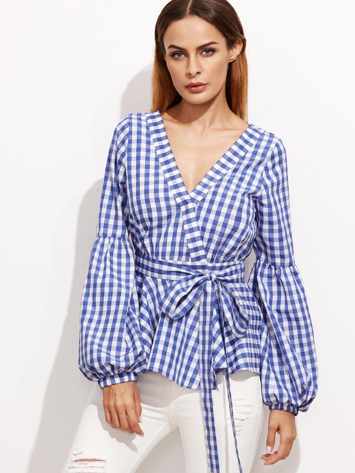 Shein Blue Plaid Surplice Lantern Sleeve Blouse With Self Tie