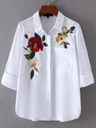 Shein Roll-up Sleeve Embroidery Blouse With Pocket