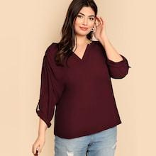Shein Plus V-cut Neck Rolled Tab Sleeve Top