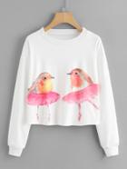 Shein Watercolor Birds Print Crop Sweatshirt