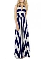 Rosewe Glamorous Stripe Design Open Back High Waist Dress