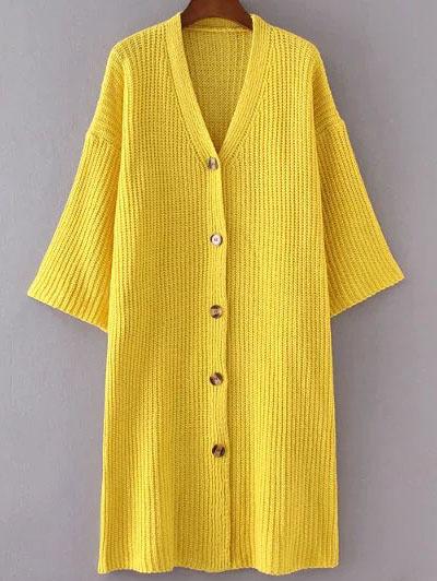 Shein Yellow V Neck Drop Shoulder Single Breasted Long Sweater Coat