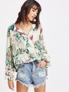 Shein Tropical Print Fringe Trim Dip Hem Blouse