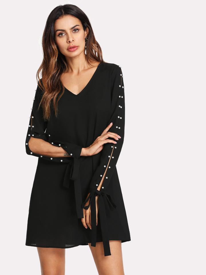 Shein Pearl Detail Split Sleeve Knot Cuff Dress