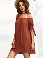 Shein Brown Off The Shoulder Bow Tie Cuff Shift Dress