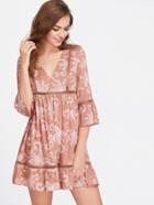 Shein Paisley Print Eyelet Lace Insert High Waist Dress