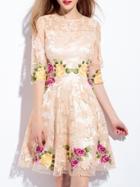 Shein Apricot Crew Neck Gauze Embroidered A-line Dress