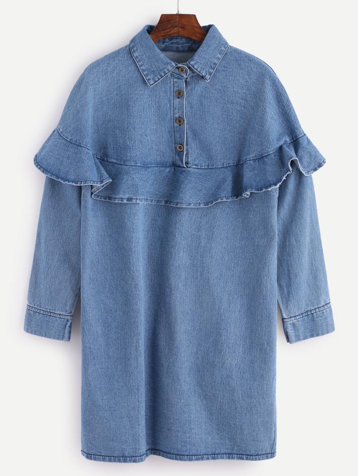 Shein Blue Ruffle Trim Denim Shirt Dress