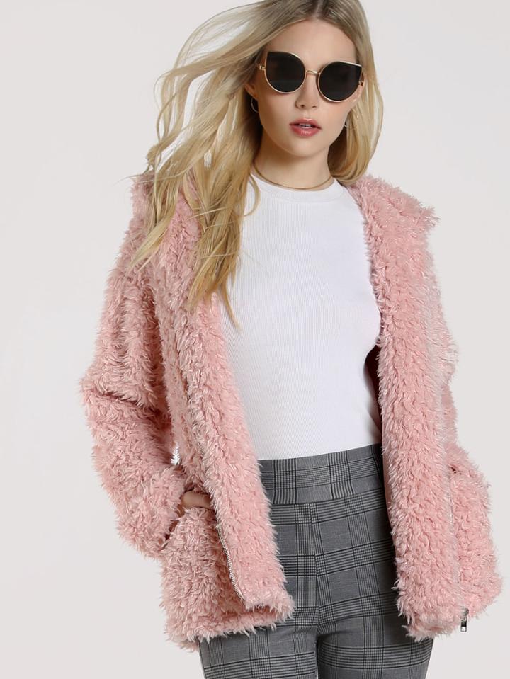 Shein Zip Up Fuzzy Hooded Coat