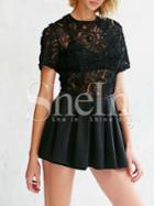 Shein Black Short Sleeve Crochet Lace Playsuit