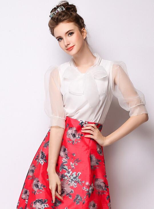 Shein White Bow Collar Sheer Mesh Organza Blouse