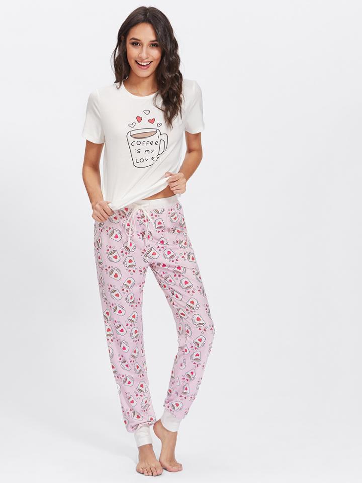 Shein Graphic Tee & Allover Print Pants Pj Set