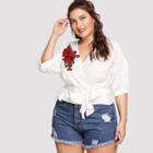 Shein Plus Rose Embroidery Knot Front Top