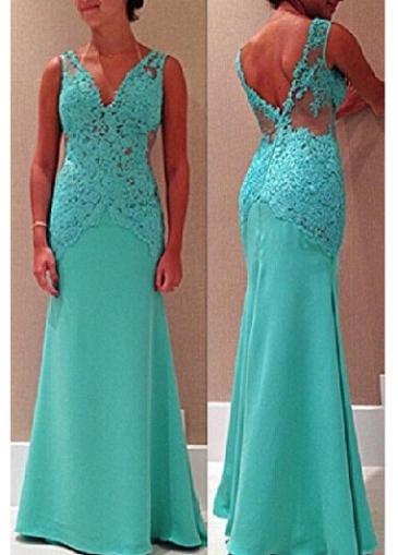 Rosewe Open Back Blue V Neck Lace Splicing Dress
