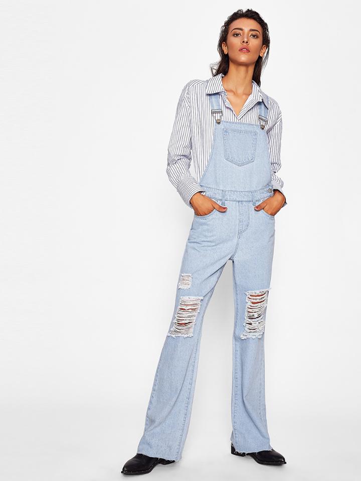 Shein Light Wash Knee Ripped Denim Overalls