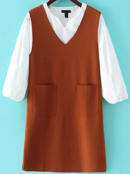 Shein V Neck Pockets Brown Tank Dress With Shirt