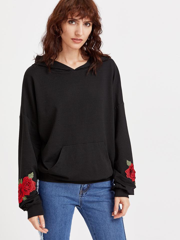 Shein Black Drop Shoulder Embroidered Rose Applique Hoodie