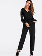 Shein Lantern Sleeve Pearl Beaded Jumpsuit With Belt