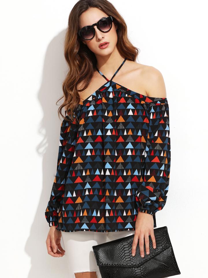 Shein Multicolor Geometric Print Cold Shoulder Cross Back Blouse
