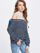 Shein Striped Contrast Floral Lace Open Shoulder Sweatshirt