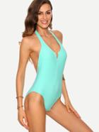Shein Zip Front Backless One-piece Swimwear - Baby Blue