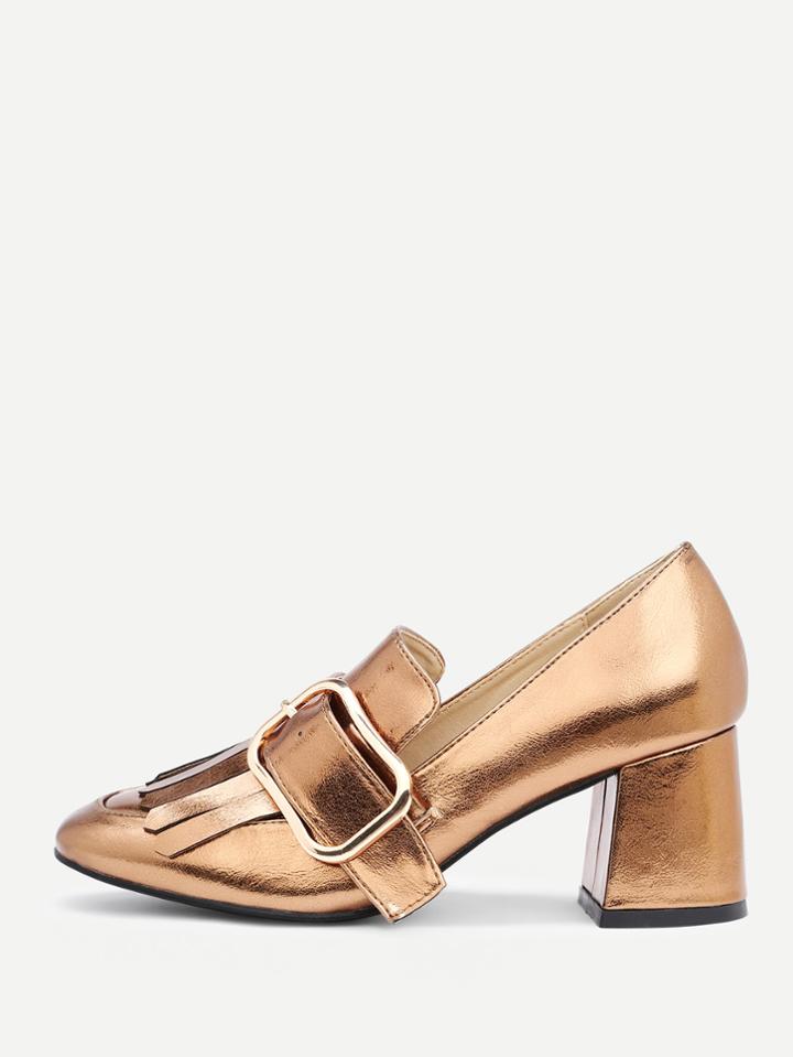 Shein Buckle Design Metallic Block Heeled Shoes