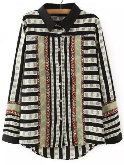 Shein Black Long Sleeve Buttons Front Printed Blouse